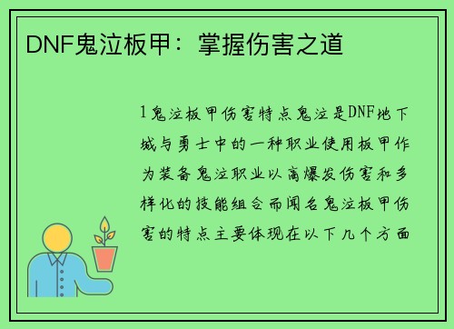 DNF鬼泣板甲：掌握伤害之道