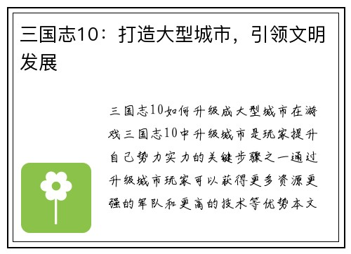 三国志10：打造大型城市，引领文明发展